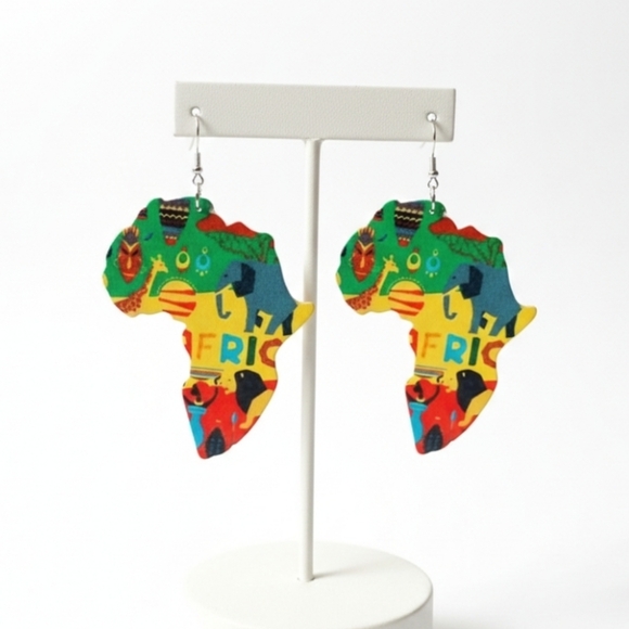 African Map Animal Wood Painted Tribal Earrings. Length 3.0 inches - Picture 3 of 11